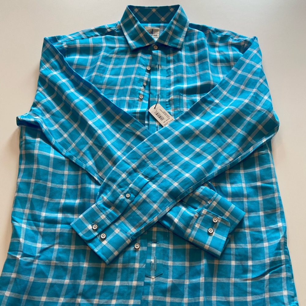 NWT johnnie-O, Men’s Medium L/S Button-Down Shirt, Teal and White, $80 - Picture 2 of 6